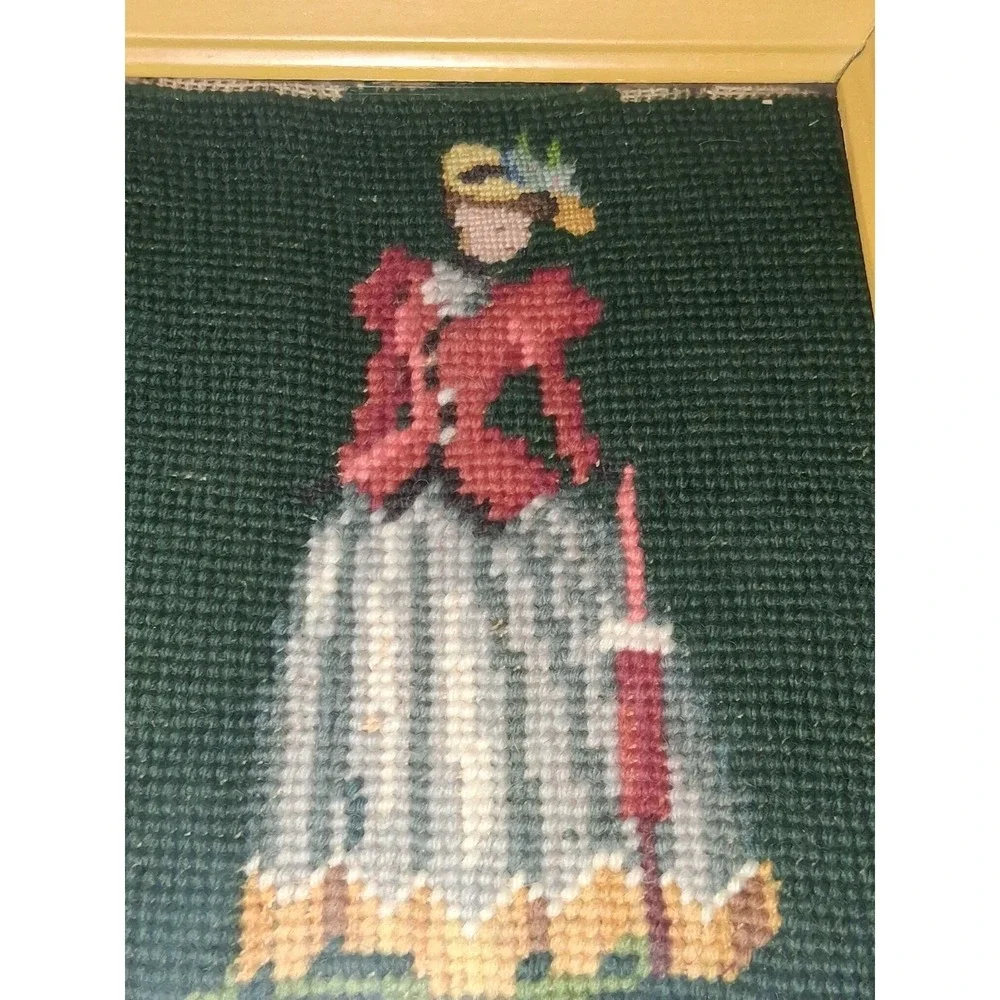 Vintage Handmade Framed Needlepoint Victorian Lady w/ Parasol Wall Art 9